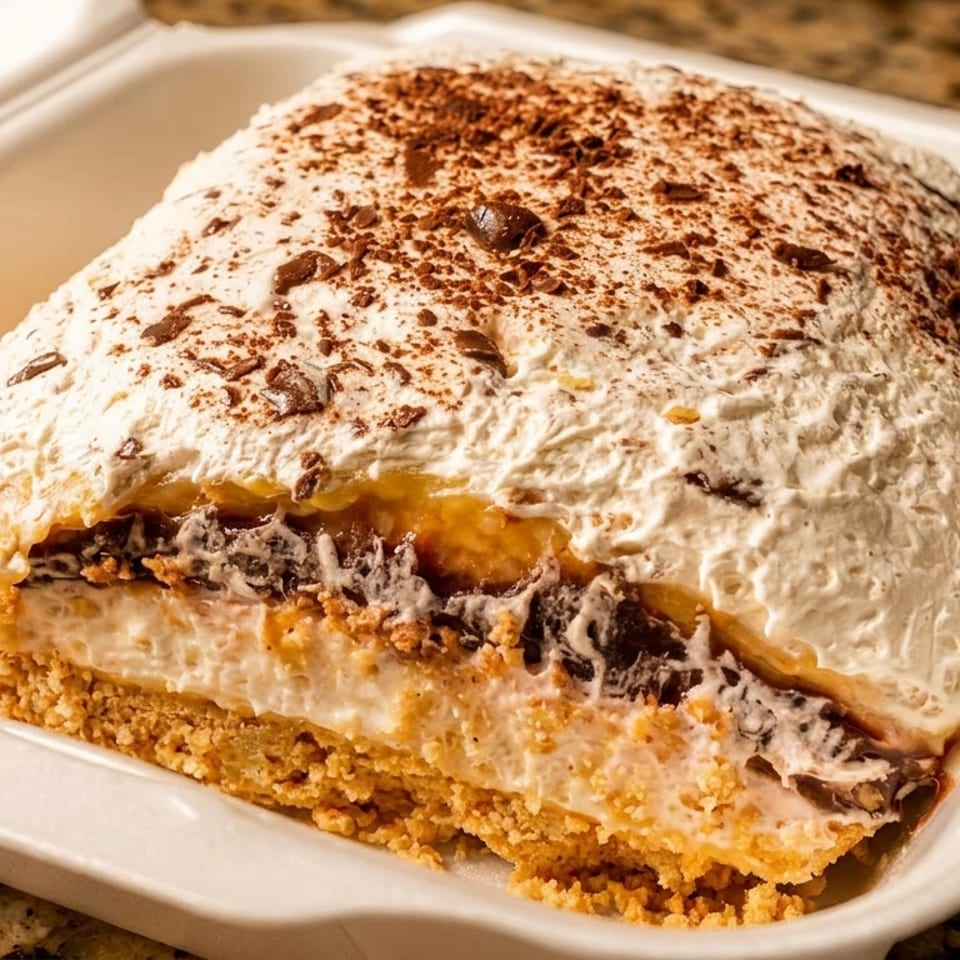 A layered dessert with whipped cream, chocolate shavings, and a crumbly crust in a takeout container.