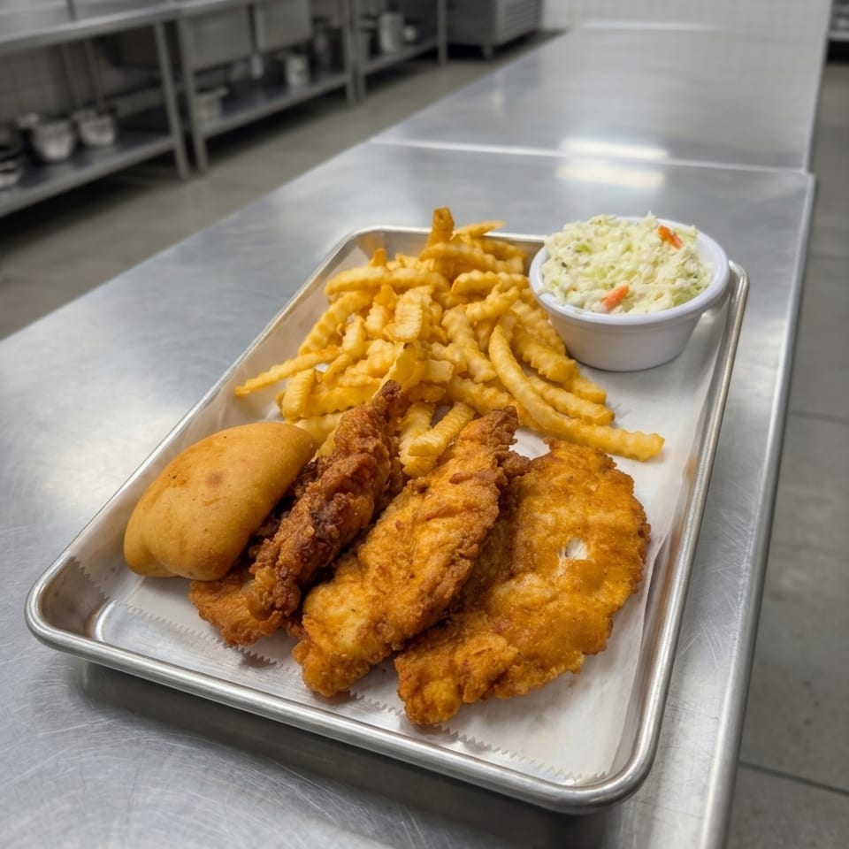 Fried chicken, french fries, hushpuppy, and coleslaw on a tray in a commercial kitchen.