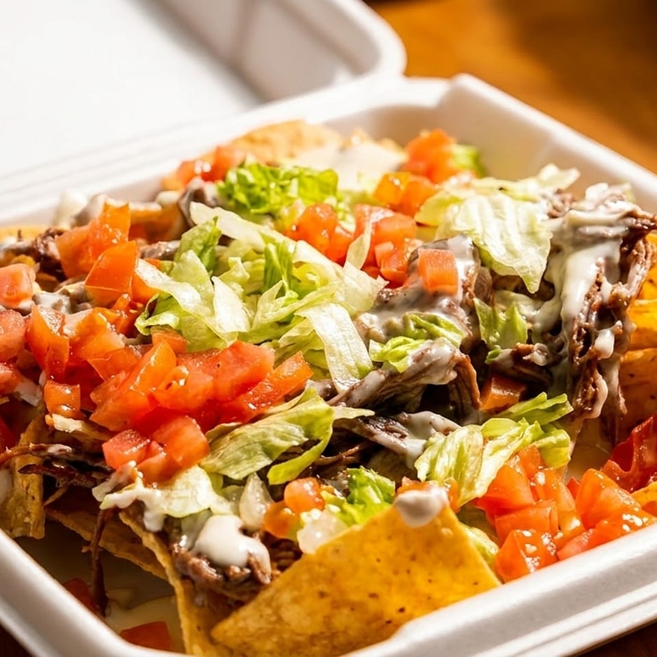 Loaded nachos with shredded meat, diced tomatoes, lettuce, and white sauce in a takeout container.