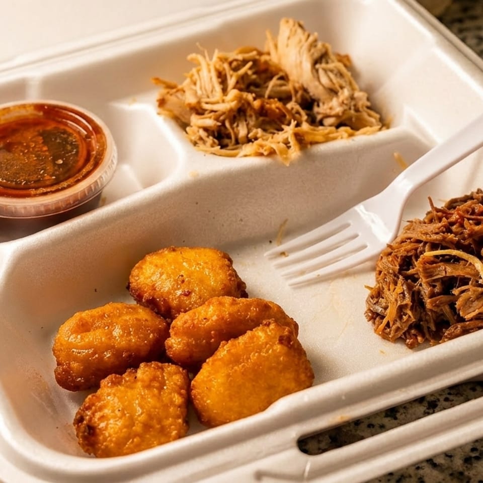 Takeout container with pulled pork, shredded beef, fried nuggets, and barbecue sauce.