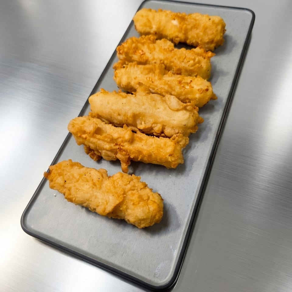 Six golden-brown fried banana fritters, or pisang goreng, on a rectangular gray plate.